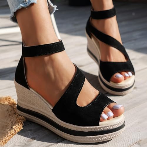 Sandales texturées à bout ouvert compensées avec sangle de cheville