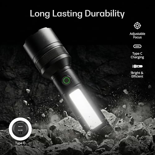 Image of IBELL Castor AURA300 Rechargeable Torch Light High Power, 6 Light Modes, Telescopic Zoom, Type C Charging, LED Flashlight, Super Bright & Long Distance Range, for Home, Outdoor & Emergency Use (Black)