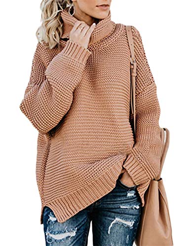 Womens Turtleneck Knit Sweaters Casual Chunky Pullover Long Sleeve Loose Jumper Tops (I-Apricot, S)