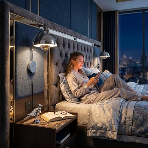 Image of COSYLUX Mid-Century Modern Bud Plug in Wall Sconces, Chrome | Indirect lighting reading wall lamp, all-metal construction, plug-in or hardwired install, fits bedroom bedside, living room