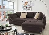 Das Sofa ist in einem schlichten und zugleich außergewöhnlichen Dunkelbraun gestaltet. Abgerundet wird das moderne Design mit den mitgelieferten Zierkissen in einem eleganten und hellen Cremeton.