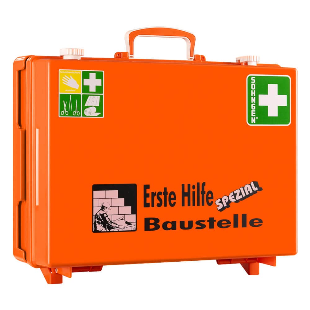 Erste-Hilfe-Koffer Baustelle Söhngen, Wandhalterung, orange, ASR A4.3/DIN 13157, Art.-Nr. 110035 | Verbandskasten | Notfallkoffer | Erste Hilfe Kasten