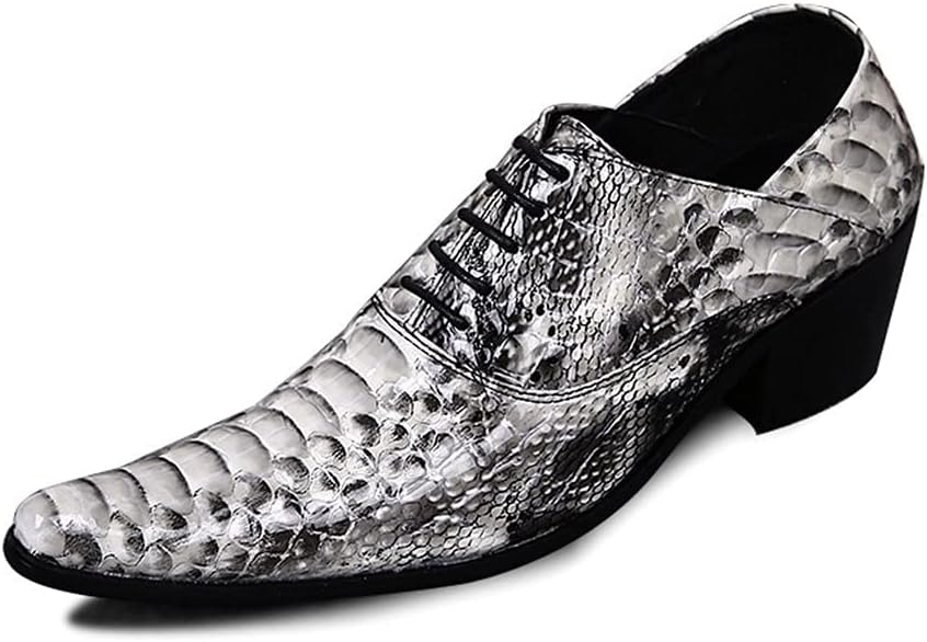 Leather Loafers for Men Snakeskin Embossed Pointed Toe Heels Slip On for Business Genuine Leather