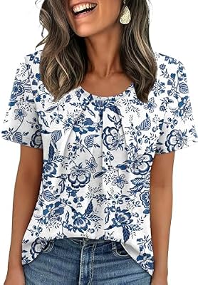 WIHOLL Women T Shirts Pleated Short Sleeve Tops Business Casual Dressy Blouses