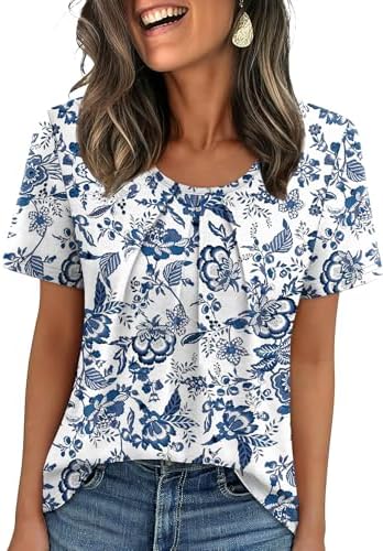 WIHOLL Women T Shirts Pleated Short Sleeve Tops Business Casual Dressy Blouses