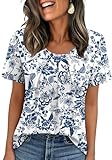 WIHOLL Boho Tops for Women Short Sleeve Shirts for Women Trendy Blouses Dressy Casual Spring Summer Vintage Clothing 2026 Blue Floral Print XL