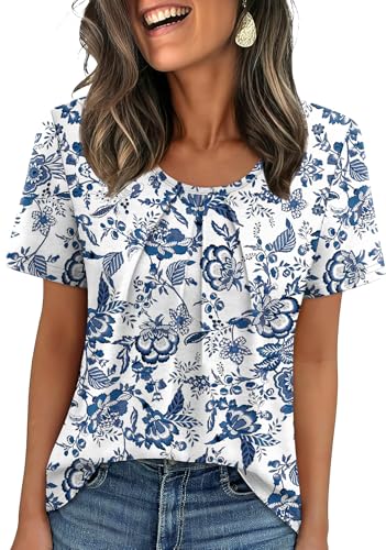 WIHOLL Boho Tops for Women Short Sleeve Shirts for Women Trendy Blouses Dressy Casual Spring Summer Vintage Clothing 2026 Blue Floral Print L