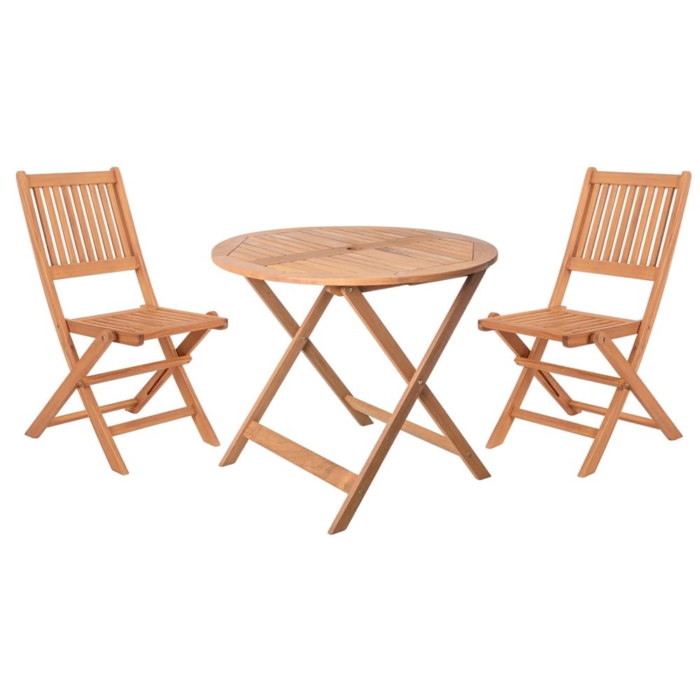 LOLAhome Conjunto de jardín Resistente y Plegable para 2 Personas | Mesa Ø 90 cm y 2 Sillas | De Madera natual sostenible de Acacia con FSC | para Exterior, jardín, terraza, balcón | Kate