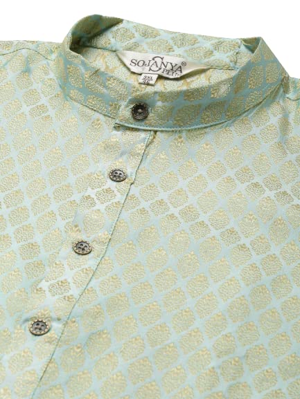 Image of SOJANYA Men's Silk Blend Printed Kurta & Pant With Nehru Jacket