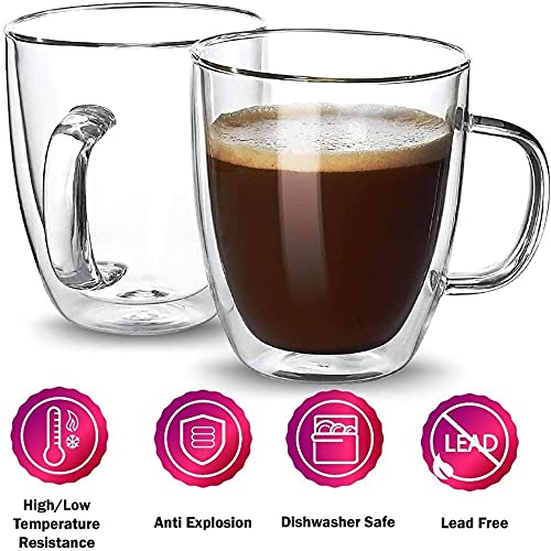 [12 Oz, 2-Pack] Large Clear Glass Coffee Mugs - Double Wall Insulated Glass Tea Cups With Handle - Perfect For Large Espresso Latte Cappuccino - Heat Resistant , Dishwasher And Microwave Safe #TOP1