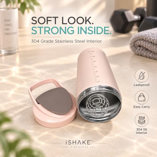 Image of Stainless Steel Protein Shaker Bottle, 100% Leakproof Metal Gym Shaker, Durable Steel Gym Sipper Bottle for Smooth Protein Mixing with Measurement, 700 ml Capacity (Nude Beige)