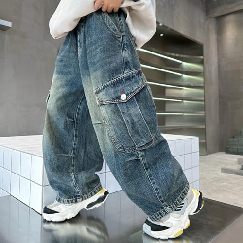 Boys Cargo Jeans Pants Teens Streetwear Elastic High Waist Loose Fit Baggy Wide Leg Denim Pants4