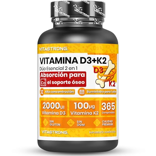 Vitastrong. Vitamina D3 + K2 – 365 Comprimidos – Alta Dosis 2000 UI Vitamina D3 y 100 µg Vitamina K2 MK-7 – Mantenimiento de Huesos y Sistema Inmunitario – Vegetariano, Sin Gluten