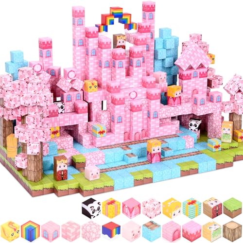 160PCS Magnetic Building Blocks Castle Building Set Birthday Easter Gifts Princess Toys for Girls Toddlers Children Build Pink Castle & Pincess Tile Construction Toy for Kid Girl Boys 3 4-8 5-7 8-12
