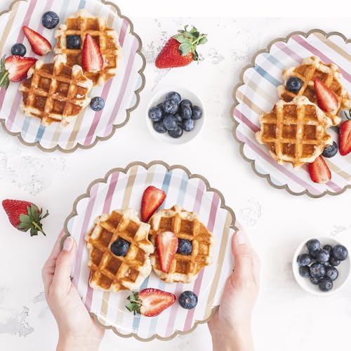 Image of Party Paper Plates, 50-Pack 9-Inch Bulk Disposable Decorative Paper Plates with Gold Scalloped Trim, Pastel Colors for Tea Party, Easter, Garden Party, and Bridal Showers, Gilded Candy Stripes