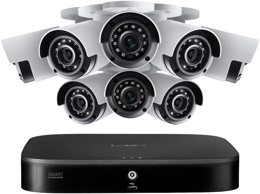Lorex 4K Security Camera System, 8pcs H.265 Wired Bullet 4K Cameras with Person Vehicle Detection, 4K/8CH DVR Recorder with 2TB HDD for 24-7 Recording, Color Night Vision