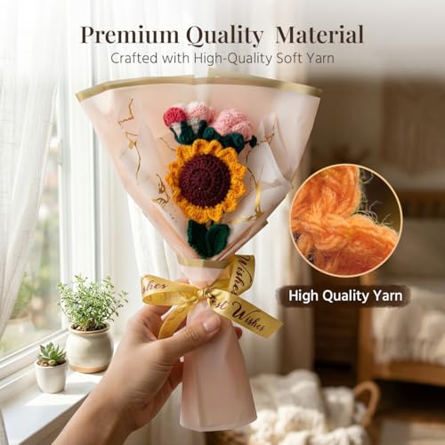Image of HindCraft Handmade Crochet Flower Bouquet | Sunflower & Pink Rose Knitted Bouquet | Artificial Forever Flowers Gift for Birthday Anniversary Valentine Room Decor
