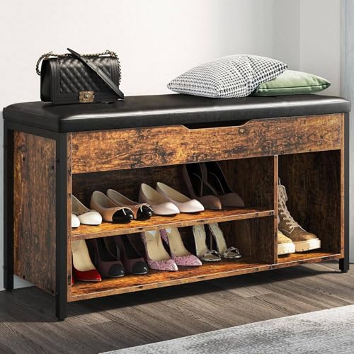 astimey Shoe Bench, Lift Top Shoe Storage Bench, Adjustable Shelf Entryway Bench, Metal and Wood...