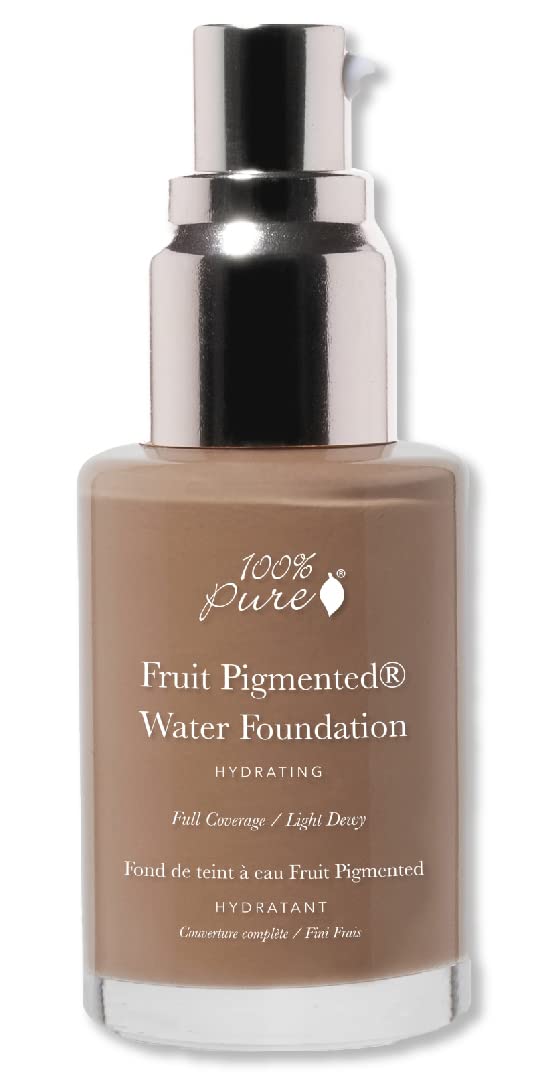 100% PURE Water Foundation Full Coverage Hydrating Makeup, Light Dewy Finish, Moisturizing Concealer for Normal to Dry Skin, Fruit Pigment Color Neutral 4.0 w/Peachy Undertones for Tan Skin - 1 Fl Oz