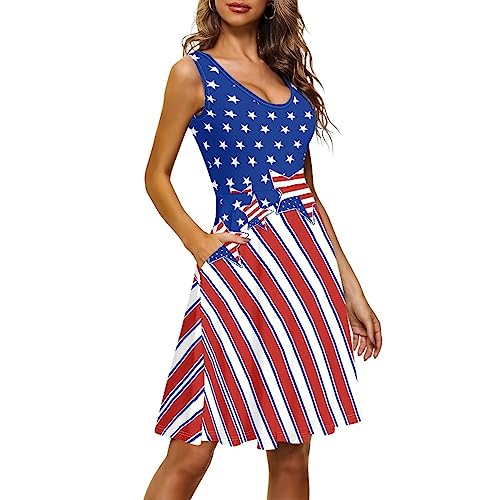 Image of Women's Casual Loose Sundress Midi Sleeveless Crewneck Dress Summer Beach Tank Dress with Pockets