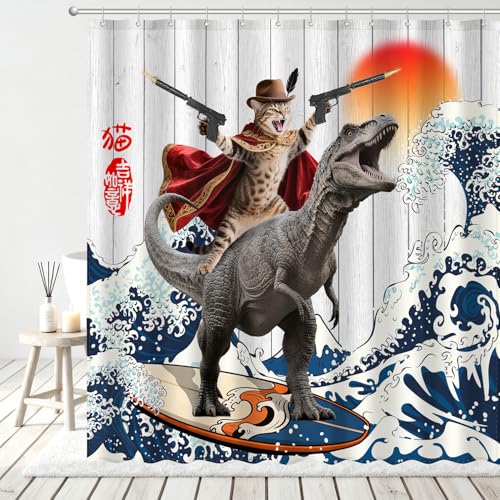 Image of Funny Cat Riding Dinosaur Shower Curtain Set, Japanese Anime Sunset Ocean Waves Home Bathroom Decor, Polyester Cloth Fabric Bath Curtain with 12 Hooks 72 inch W x 72 inch L