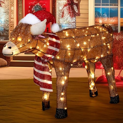 Cinnvoice 25.6'' Christmas Lighted Highland Cow Outdoor Decorations, 3D Light up Highland Cow with 130 LED Lights, Metal Prelit Farm Animal Yard Display for Xmas Farmhouse Garden Lawn Decor