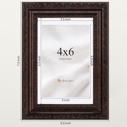 Image of eletecpro 4x6 Picture Frames Set of 2, Vintage Frames with Glass Cover, Retro Ornate Photo Frame Displays 3.5x5 Photo with Mat or 4x6 without Mat for Tabletop or Wall Decor, Brown