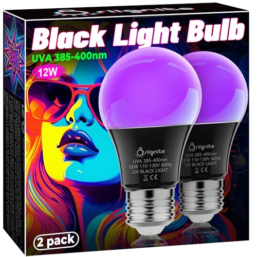 Black Light Bulbs, 12W LED Black Light Light Bulb for Halloween Decoration, UVA 385-400nm UV Black Light, A19 Blacklight Bulb for Glow in Dark, Body Paint Fluorescent Poster Glow Party, 2 Pack