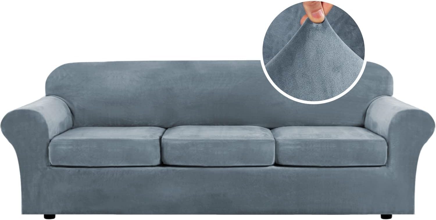 LINGKY Velvet Sofa Cover 3 Seater With 3 Separate Sofa Seat Cushion Covers, Stretch Couch Cover Non-Slip Sofa Slipcovers for Living Room Furniture Protector (Stone Blue,Large 3 Seater) — image 1