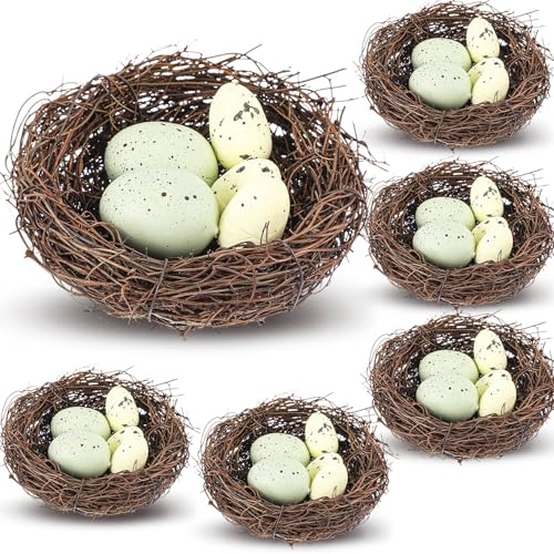 Image of Yookeer 6 Pcs Easter Bird Nest with 30 Pcs Eggs Spring Party Decoration Handmade Miniature 4 Inch Birds Nests Decorative for DIY Spring Displays and Easter Decorations(Pale Yellow,Light Green)