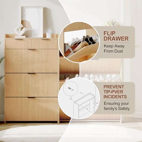 GarveeHome Wave Design Shoe Cabinet with 3 Slip Drawers, 2 Drawers, Raised Edges, Fluted Shoe Cabinet, Slim Hidden Shoe Organizer, Wooden Shoe Storage for Entryway, Front Door, Living Room, Wood