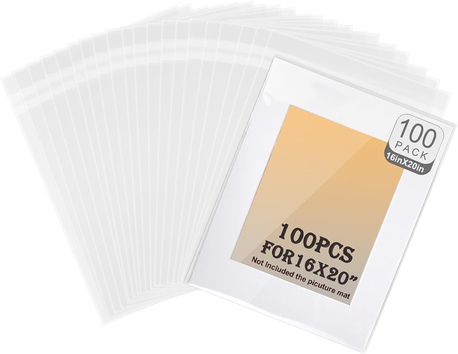 Phiocxem 100 Pack Acid-Free Crystal Clear Sleeves Storage Bags 16 3/8” X 20 3/11”,Plastic Bags for 16x20 Art Prints/Framing Mat Mattes/Pictures/Photos (Bag Size: 16 3/8” X 20 3/11"")