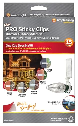 Simple Living Solutions Max Pro Anywhere Sticky Light Clips, Outdoor Adhesive Light Clips for Gutters, Siding & Surfaces, Works with C7, C9, LED & String Lights (15 Count)