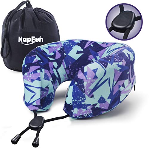 NAPFUN Travel Neck Pillow, 100% Pure Memory Foam Neck Pillow for Traveling & Fashion Airplane Neck Pillow for Flight Sleep, Purple Print, Small (90-140LB)