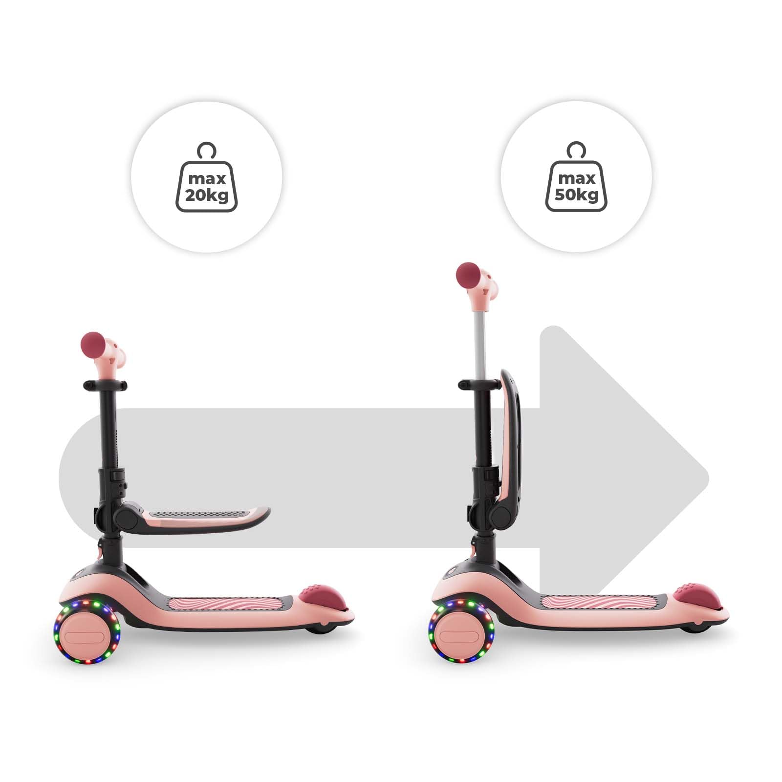 Kinderkraft Halley 2 Balance-Scooter 2-in-1, Sitz höhenverstellbar (25-33 cm), 4-Fach Verstellbarer Lenker, LED-Räder, klappbar, ab 18 Monate, rutschfeste Trittflächen, Rosa