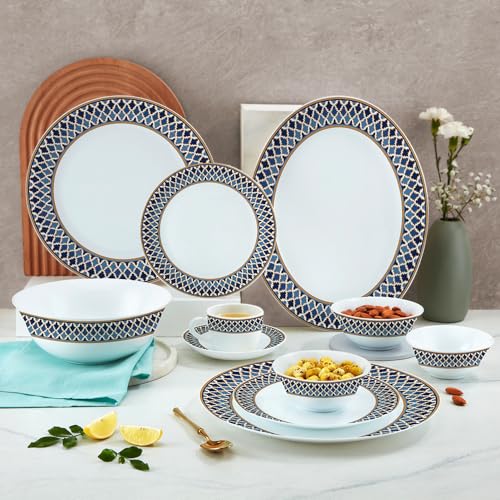 Image of Larah by Borosil Opalware Dinner Set Microwave & Dishwasher Safe | Bone-Ash Free | Crockery Set for Dining & Gifting | Plates & Bowls (Sapphire Crest, 60pc)