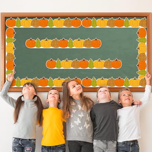 Image of BeYumi Fall Pumpkin Border Trim - 65ft Fall Plaid Pumpkin Shape Rolled Border Trim Autumn Thanksgiving Halloween Bulletin Board Set Harvest Party Decor School Classroom Office Chalkboard Decoration