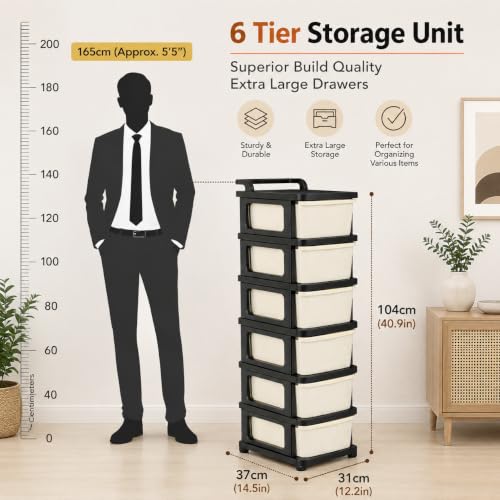 Image of Heavy Duty Plastic Storage Drawer with Wheels | Modular Cabinet for Bedroom, Office, Home or Classroom| Chest of Drawers Organiser for Cosmetics, Kitchen items, Toys (White & black, 6)