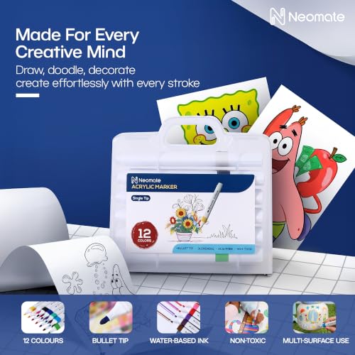 Image of Neomate 12 Pcs Single-Tip Acrylic Markers Set | Non-Toxic Art Supplies for Kids & Adults | Waterproof, Quick Dry | For Rock Painting, Canvas, Wood, Ceramic, Glass & DIY Crafts