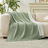 Picture of Amélie Home Reversible Waffle Weave Throw Blanket, Chenille Knit with Warm Sherpa, Soft Cozy Blanket for Couch, 50"x60", Sage Green