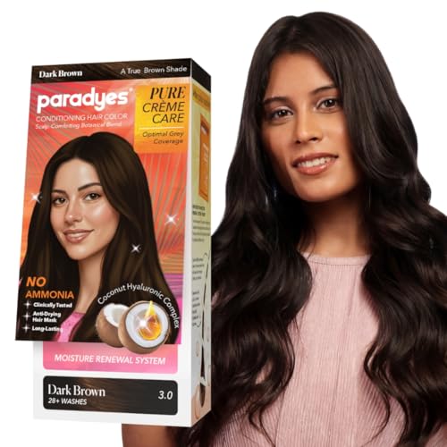 Paradyes Pure Crème Care No Ammonia Hair Color Dark Brown 3.0 | Long-Lasting Crème Formula | Grey Coverage | Coconut Milk + Almond Oil + Hyaluronic Complex | Smooth & Shiny Finish | 60g + 10 ml