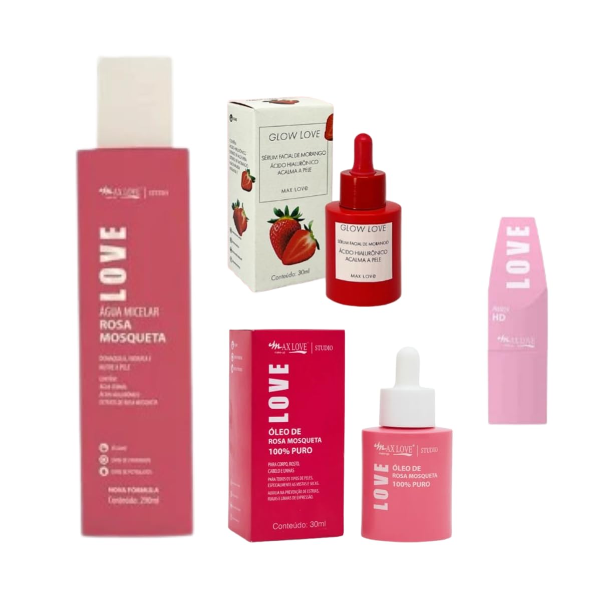 Max Love Kit Skincare Facial, Sérum de Morango, Óleo de Rosa