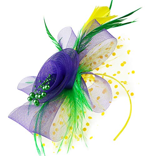 Image of DRESHOW Fascinators Hat Flower Mesh Ribbons Feathers on a Headband and a Clip Tea Party Headwear for Girls and Women