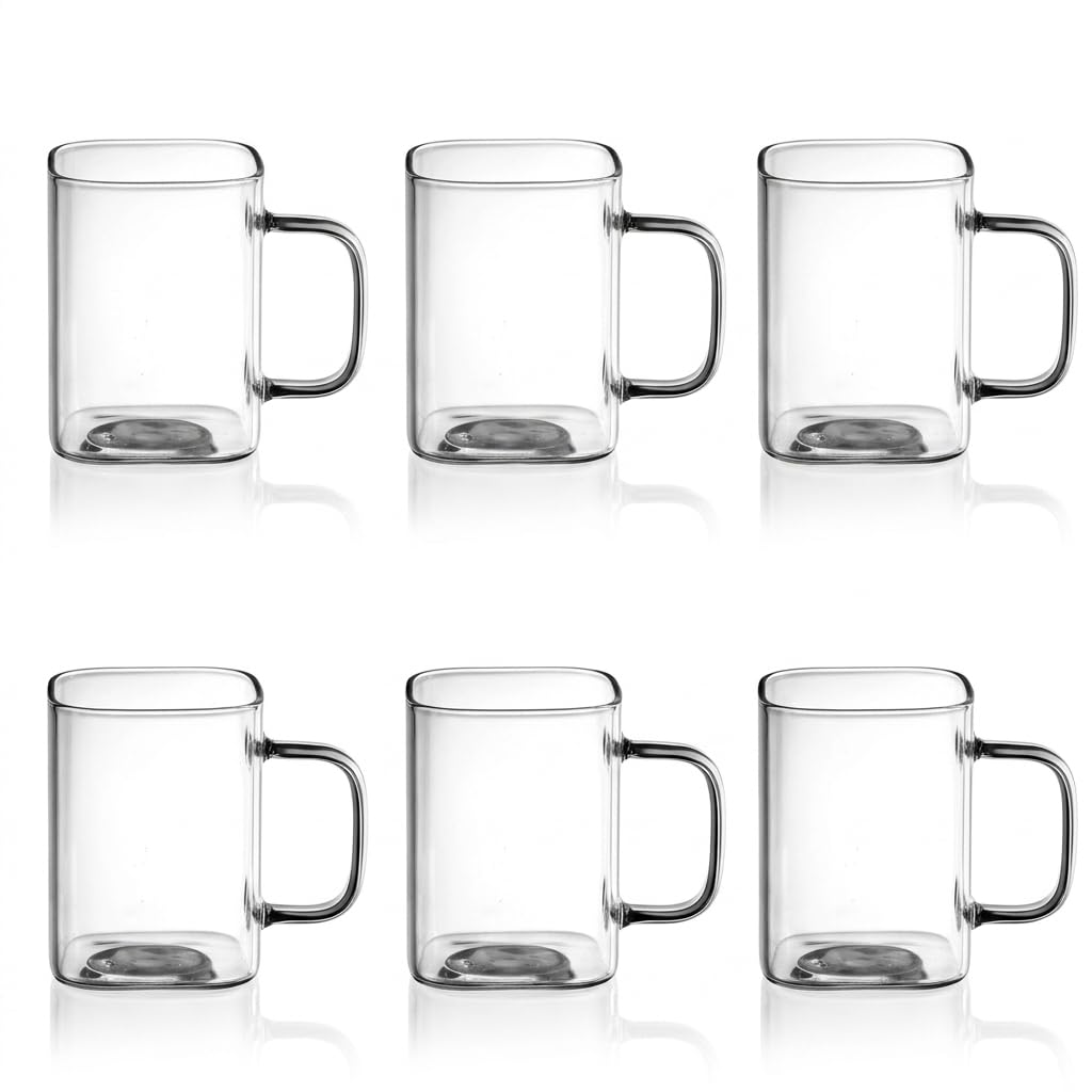 Deconox 6 Adet Kare Cam Kupa Seti - Kulplu Isıya Dayanıklı Çay, Kahve, Espresso ve Meşrubat Bardağı Takımı (230 ml)