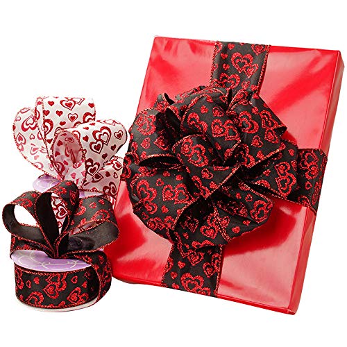 Image of Valentine's Day Hearts Wired Ribbon - 2 1 /2 inch x 10 Yards, Metallic Red Glitter Hearts on White Ribbon, Decor, Gift Wrap, Hair Bow, I Love You, Bows