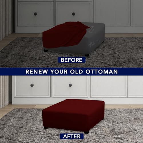 Image of PureFit Super Stretch Form Fit Square Ottoman Cover Rectangle - Ottoman Slipcovers for Foot Stool & Folding Storage Furniture for Living Room with Nonslip Elastic Bottom (Medium-XL, Wine)