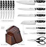 Knife Set with Block, Kitchen Knife Set 15-Piece with Sharpener - High Carbon Stainless Steel Dishwasher Safe Knives with Ergonomic Handles for Chef & Home