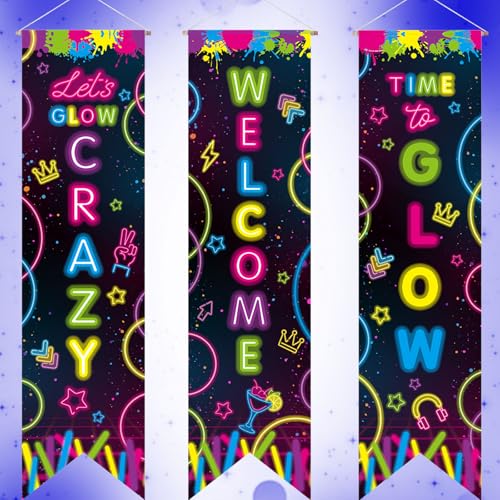 Image of Chiisong 3 Pcs Neon Banner Party Decorations Let's Glow Banner Glow in the Dark Porch Sign Welcome Birthday Porch Sign for Neon Birthday Party Supplies Club Halloween Classroom Decorations