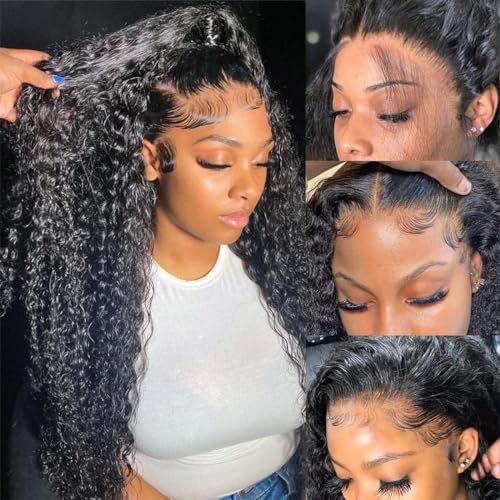 Image of Hswpawk 13x6 Deep Wave Lace Front Wig Human Hair HD Transparent Pre Plucked 180% Density Glueless With Baby Hair Natural Hairline Deep Curly 32 Inch