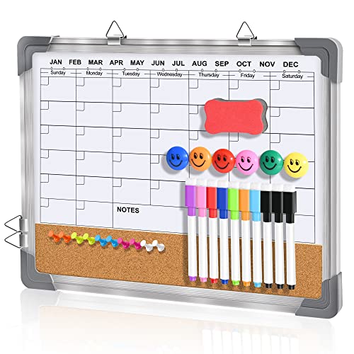 Dry Erase Calendar Board Cork Board Combo For Wall, 16" X 13" Magnetic Double-Sided Monthly Calendar White Board With Cork Board, Portable Planner Memo Board For Home, School, Office, Kitchen (White) #TOP4